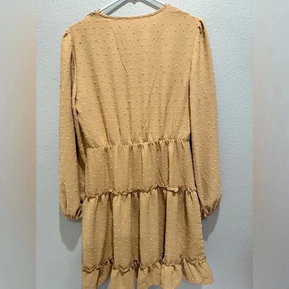New Womens Dainty Dress Tan Ruffle V-Neck Boho Casual Dainty Lightweight M L XL - Picture 4 of 5